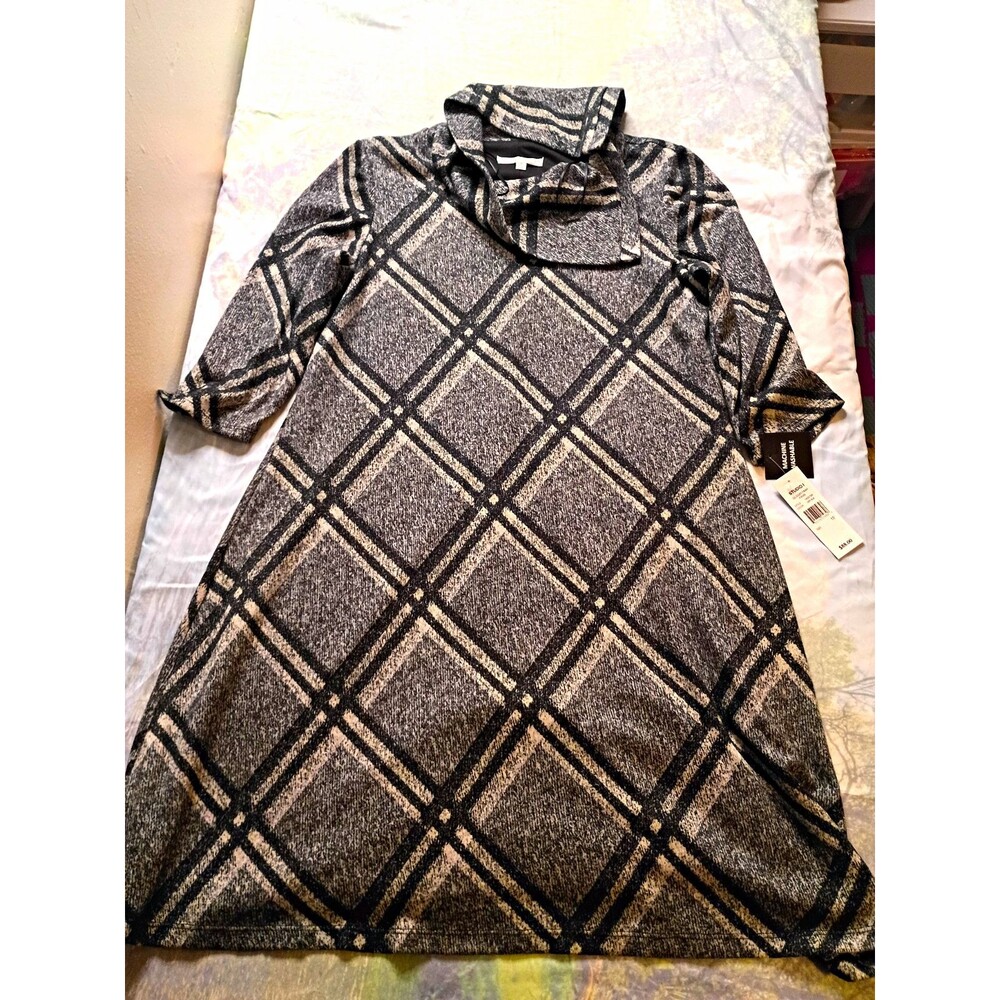 Sandra Darren Women’s Size 10 Plaid Cowl Neck Dress Gray Black NWT $88